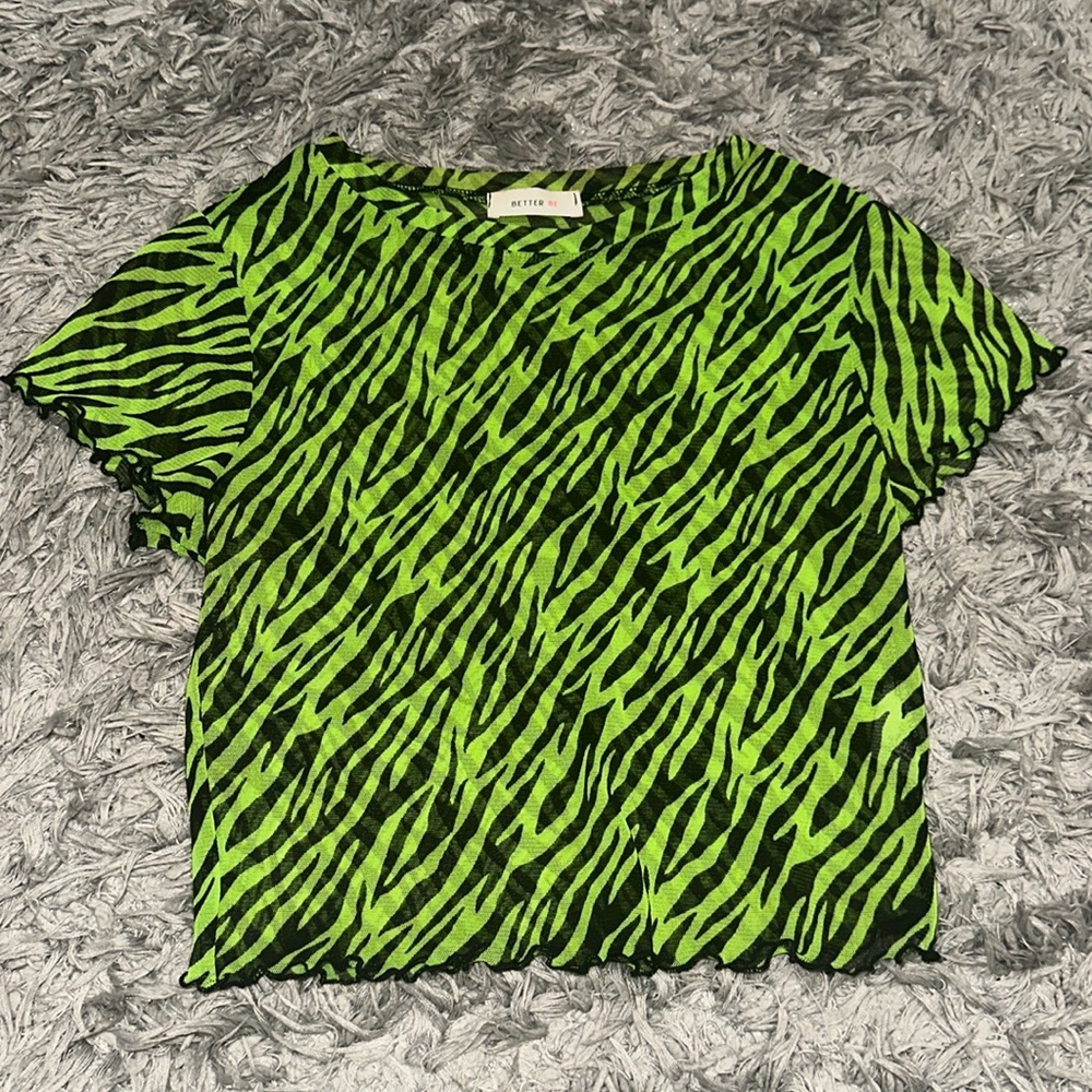 Zebra Print Sheer Black/Lime Green Crop Top Size Small